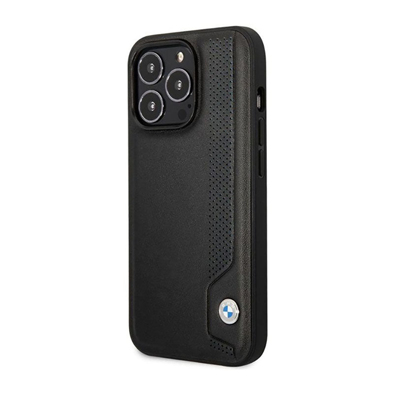 BMW Leather Blue Dots – dėklas, skirtas iPhone 14 Pro Max (juodas)