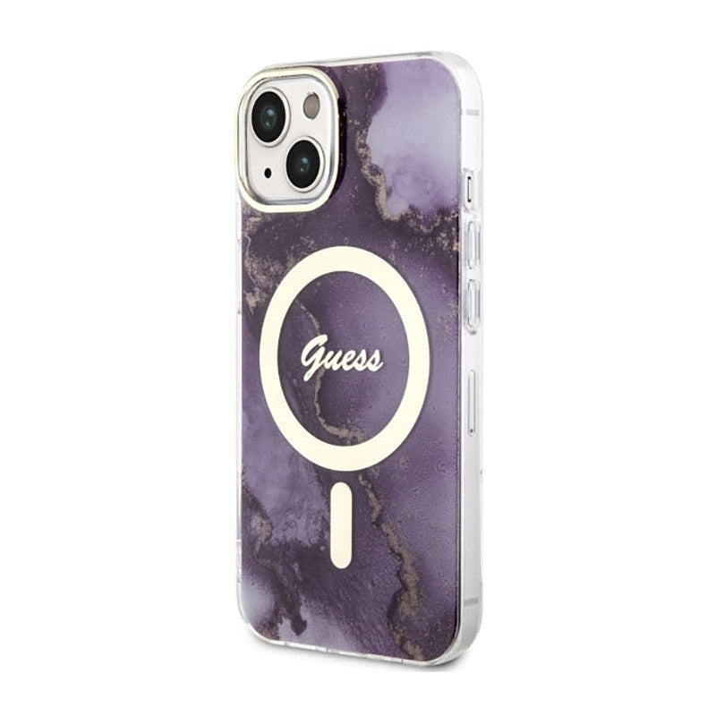 Guess Golden Marble MagSafe – Dėklas, skirtas „iPhone 14“ (Violetinis)