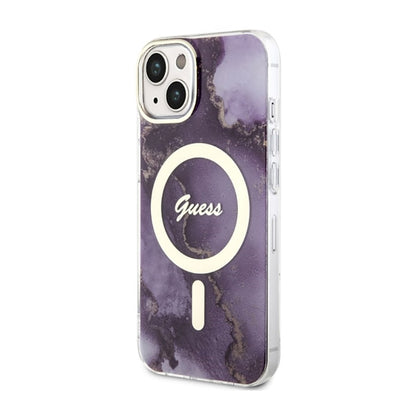 Guess Golden Marble MagSafe – Dėklas, skirtas „iPhone 14“ (Violetinis)