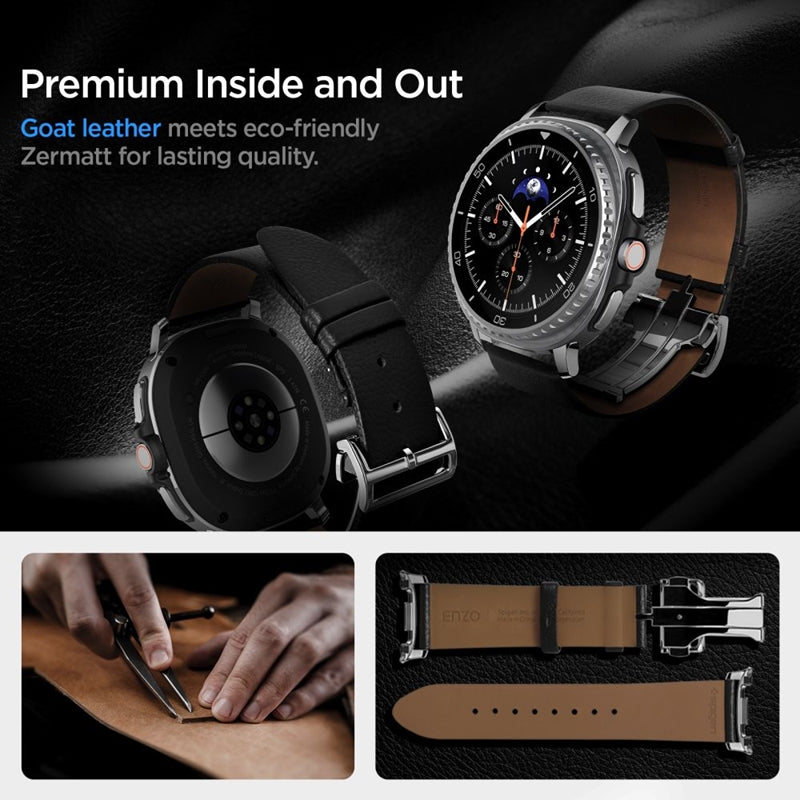 Spigen Enzo - Tikros odos dirželis skirtas Samsung Galaxy Watch 8 / 8 Classic 40 / 44 / 46 mm (Juodas)