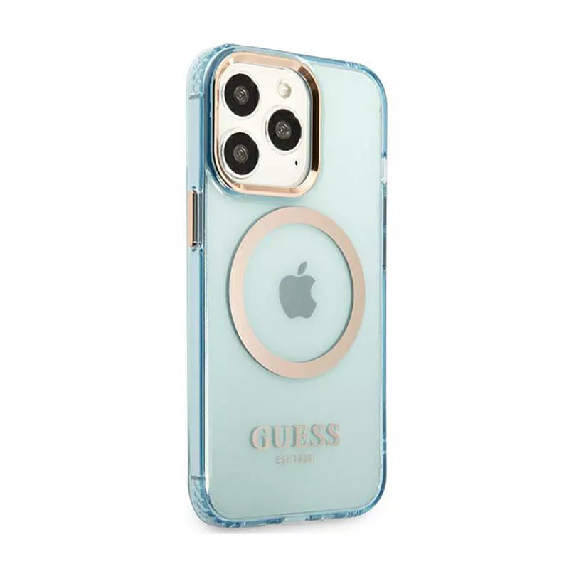 Guess Gold Outline permatomas MagSafe – dėklas skirtas iPhone 13 Pro Max (mėlynas)