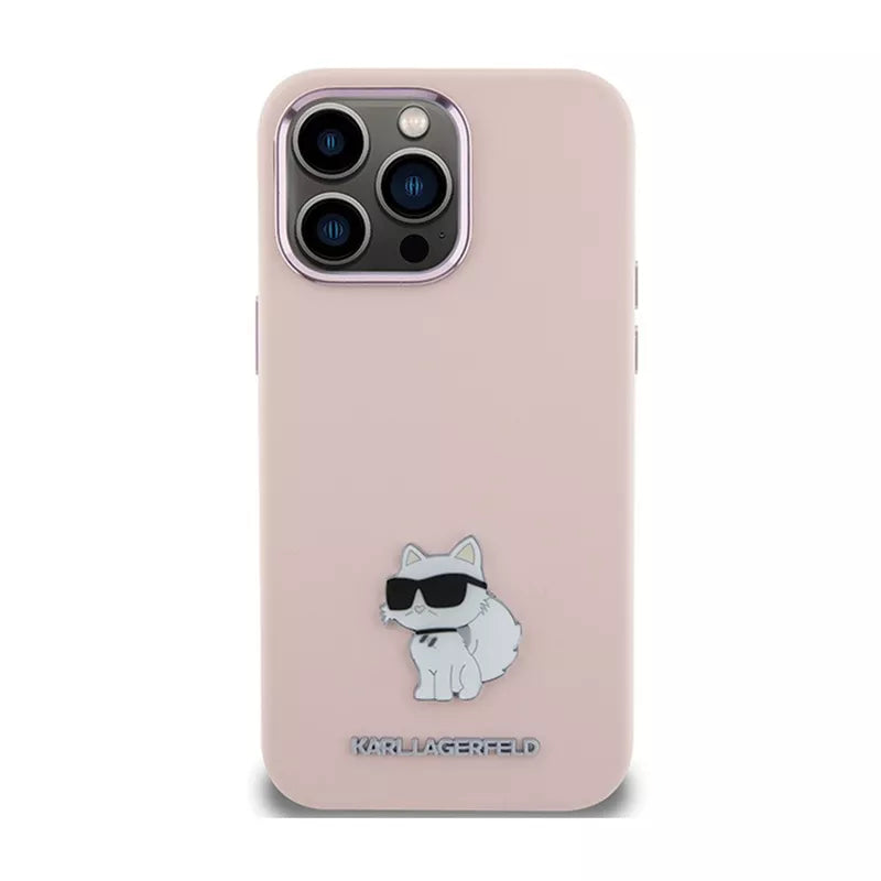 Karl Lagerfeld Silikoninis Choupette Metal Pin dėklas iPhone 15 Pro Max (rožinis)