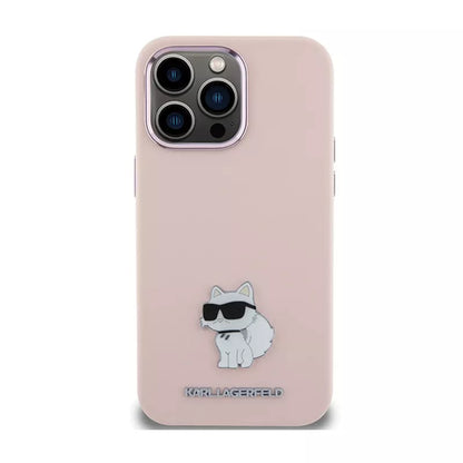 Karl Lagerfeld Silikoninis Choupette Metal Pin dėklas iPhone 15 Pro Max (rožinis)