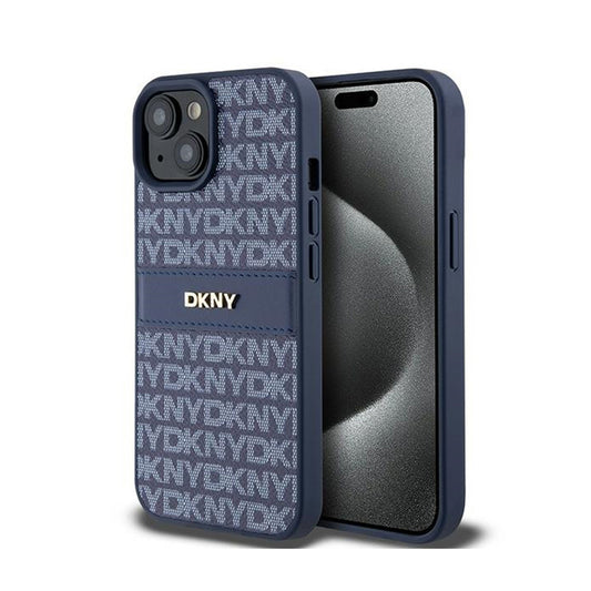 DKNY odos dėklas su vienspalve juostele ir metaliniu logotipu – skirtas iPhone 15 / 14 / 13 (mėlynas)