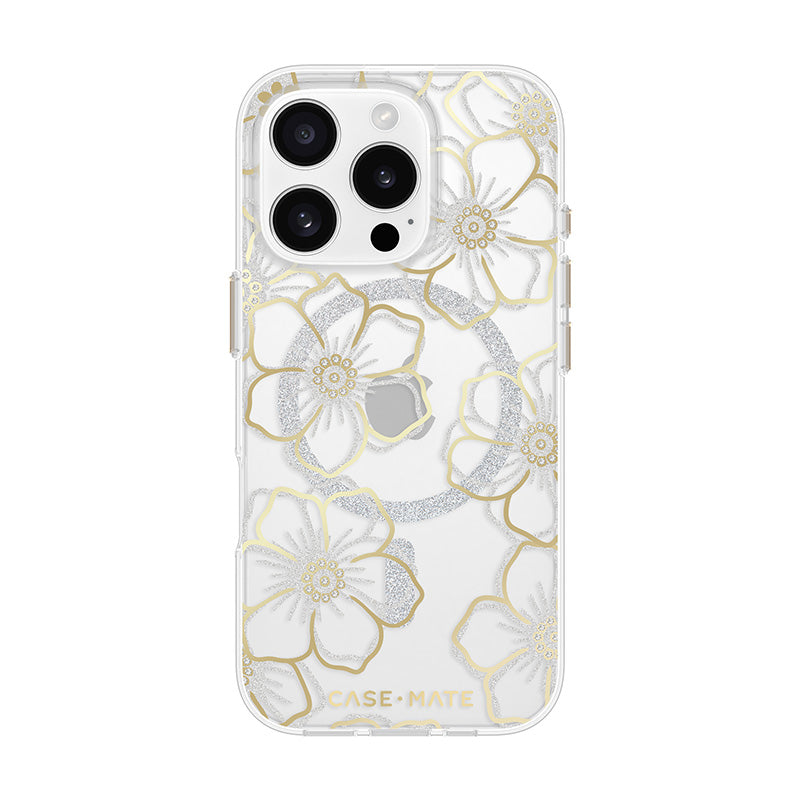 Case-Mate Floral Gems dėklas su MagSafe, skirtas iPhone 16 Pro (auksinis)