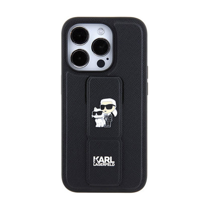 Karl Lagerfeld Gripstand Saffiano Karl & Choupette Pins - iPhone 14 Pro dėklas (juodas)
