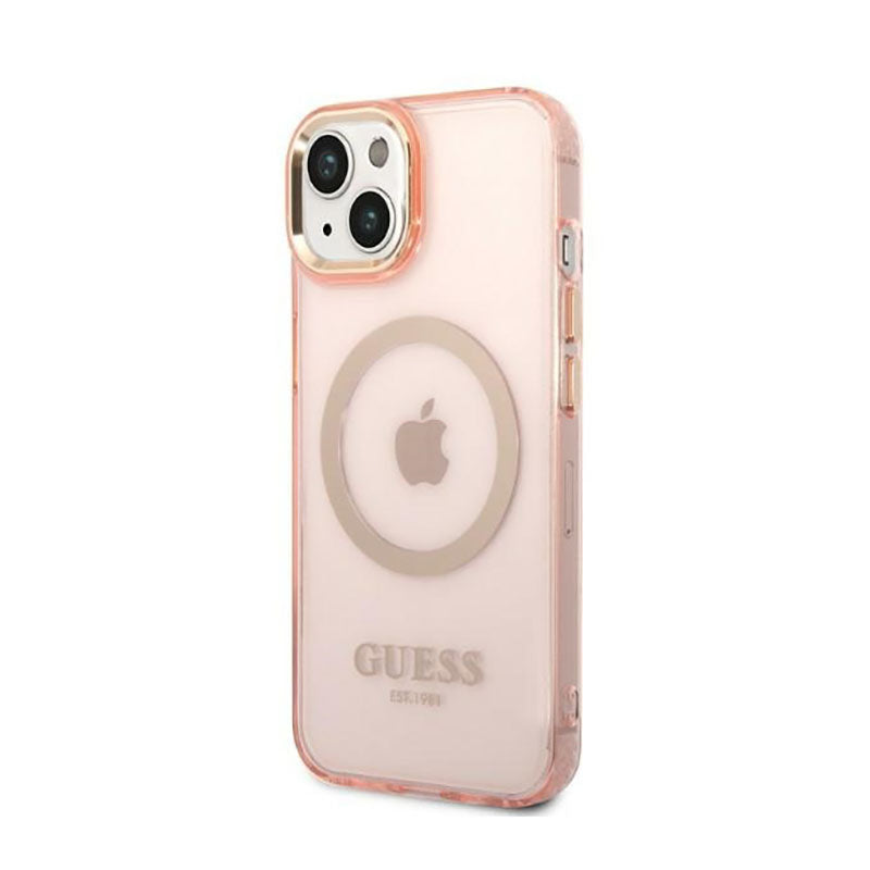 Guess Gold Outline Translucent MagSafe - dėklas, skirtas iPhone 14 Plus (rožinis)