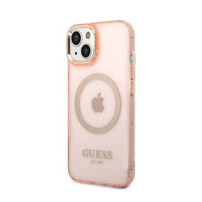 Guess Gold Outline Translucent MagSafe - dėklas, skirtas iPhone 14 Plus (rožinis)