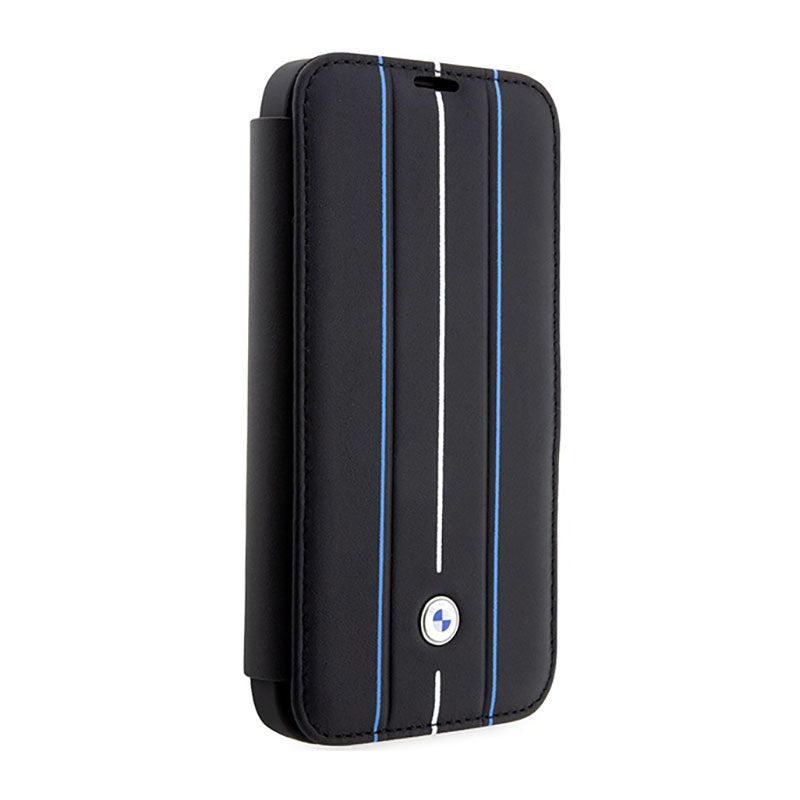 BMW Booktype Leather Stamp Blue Lines – dėklas, skirtas iPhone 14 Pro Max (juodas)