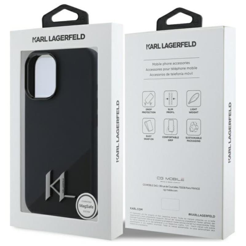 Karl Lagerfeld Silicone Shadow Metal Initial MagSafe – Dėklas iPhone 16 (juodas)