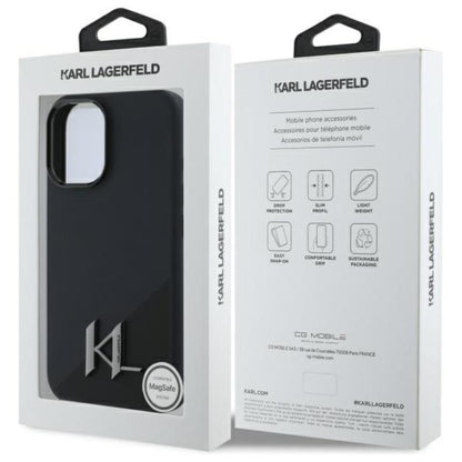 Karl Lagerfeld Silicone Shadow Metal Initial MagSafe – Dėklas iPhone 16 (juodas)