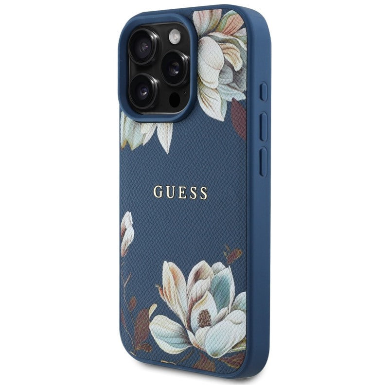 Guess Grained Printed Flower Pattern MagSafe - dėklas iPhone 16 Pro Max (mėlynas)