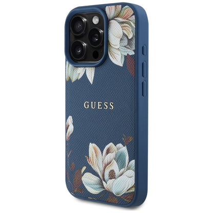 Guess Grained Printed Flower Pattern MagSafe - dėklas iPhone 16 Pro Max (mėlynas)