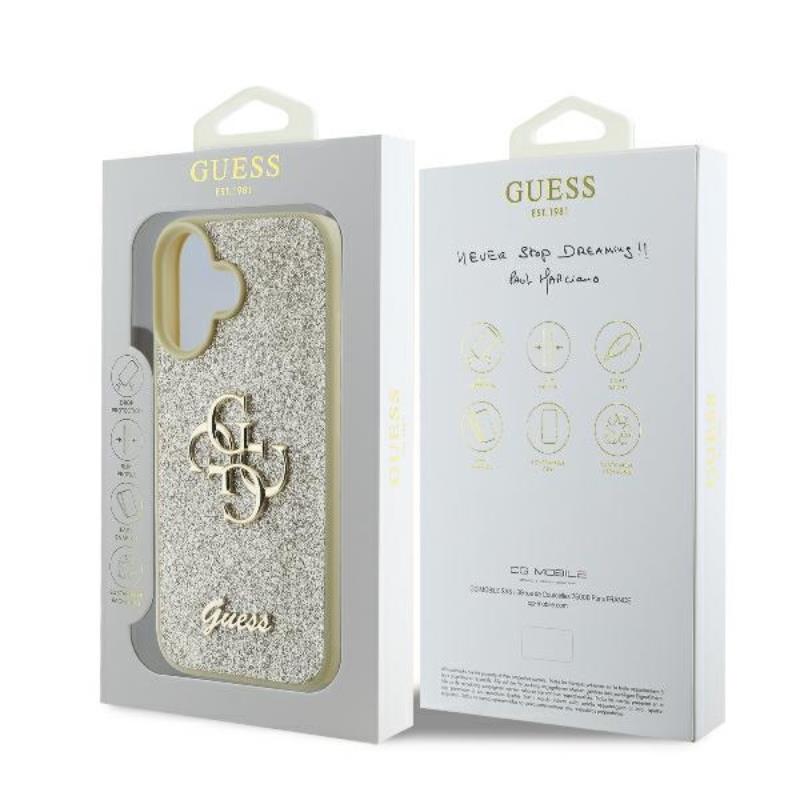 Guess Fixed Glitter Big 4G - dėklas iPhone 16 Plus (auksinis)