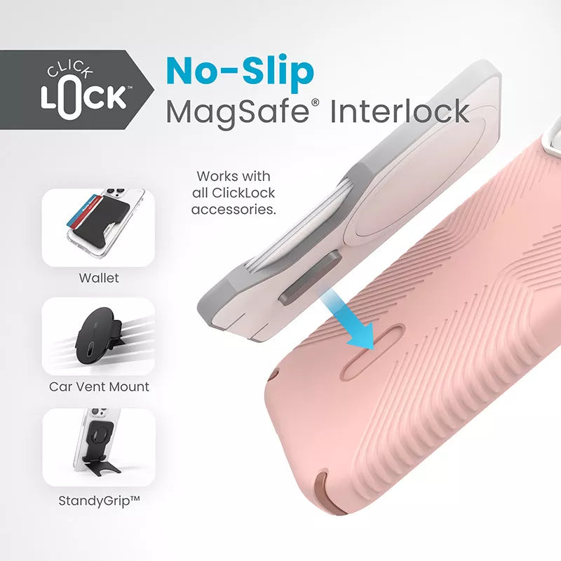 Speck Presidio2 Grip ClickLock & MagSafe – Dėklas, skirtas iPhone 16e / iPhone 15 / iPhone 14 / iPhone 13 (Dahlia Pink/Rose Copper)