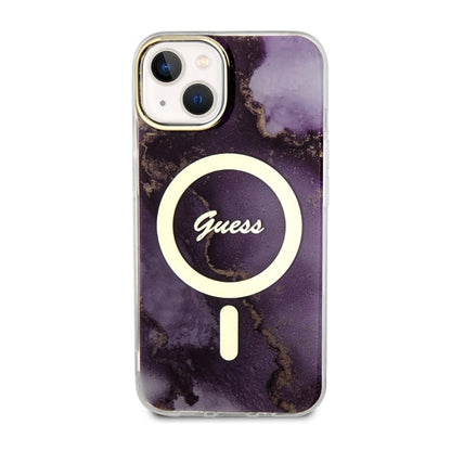 Guess Golden Marble MagSafe – Dėklas, skirtas „iPhone 14“ (Violetinis)