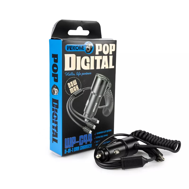 WEKOME WP-C44 Pop Digital Series - automobilinis įkroviklis su integruotu 3-in-1 USB-C / Lightning / Micro USB kabeliu ir 2x USB-A jungtimis, 33W (Juodas)