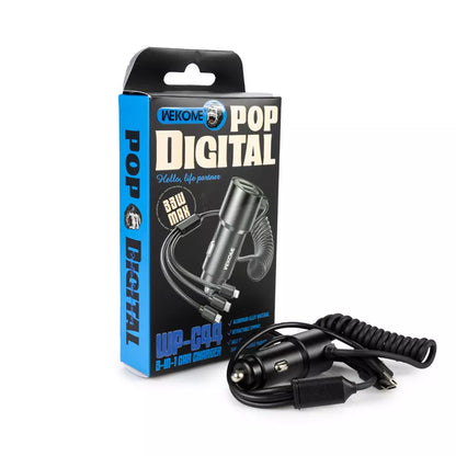 WEKOME WP-C44 Pop Digital Series - automobilinis įkroviklis su integruotu 3-in-1 USB-C / Lightning / Micro USB kabeliu ir 2x USB-A jungtimis, 33W (Juodas)