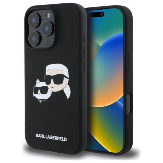 Karl Lagerfeld Silikoninis dėklas „Double Heads Print MagSafe“ – „iPhone 16 Pro“ (juodas)