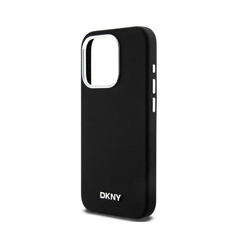 DKNY Liquid Silicone Small Metal Logo MagSafe – dėklas, skirtas iPhone 15 Pro (juodas)