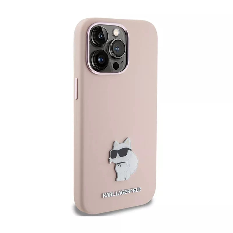 Karl Lagerfeld Silikoninis Choupette Metal Pin dėklas iPhone 15 Pro Max (rožinis)