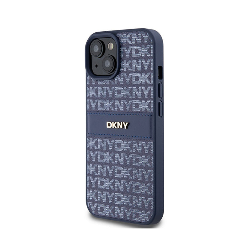 DKNY odos dėklas su vienspalve juostele ir metaliniu logotipu – skirtas iPhone 15 / 14 / 13 (mėlynas)