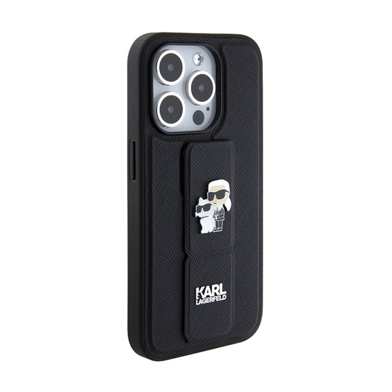Karl Lagerfeld Gripstand Saffiano Karl & Choupette Pins - iPhone 14 Pro dėklas (juodas)