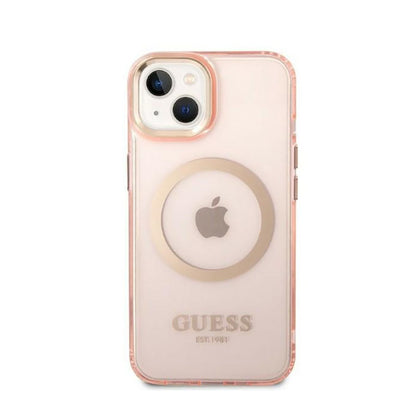 Guess Gold Outline Translucent MagSafe - dėklas, skirtas iPhone 14 Plus (rožinis)
