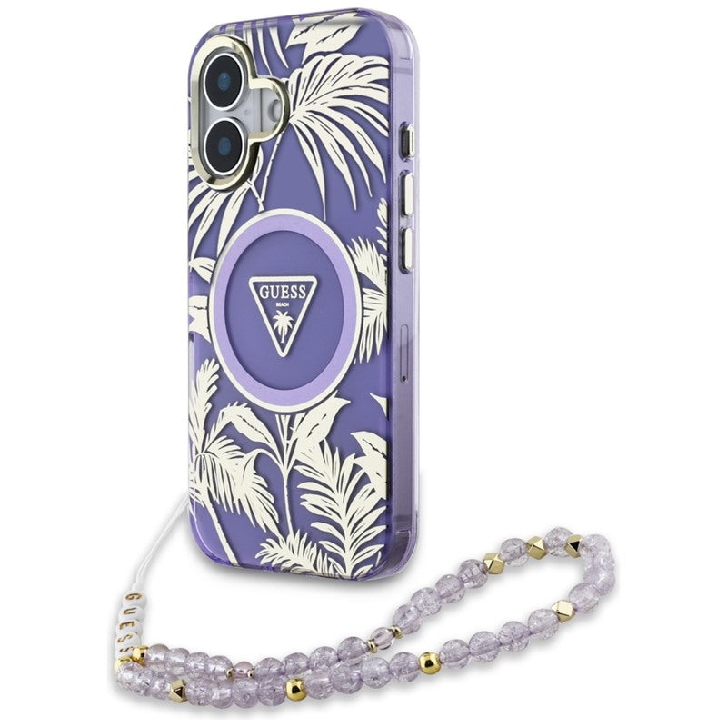 Guess Palm Trees Triangle Pearl Strap MagSafe – Dėklas skirtas iPhone 16 (violetinis)