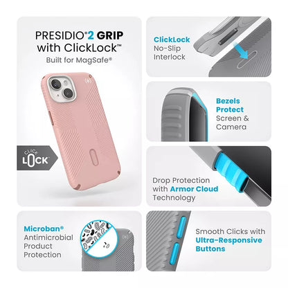 Speck Presidio2 Grip ClickLock & MagSafe – Dėklas, skirtas iPhone 16e / iPhone 15 / iPhone 14 / iPhone 13 (Dahlia Pink/Rose Copper)