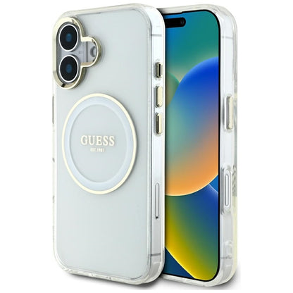 Guess IML Metal Colored Circle Classic Logo MagSafe – dėklas, skirtas „iPhone 16“ (baltas)
