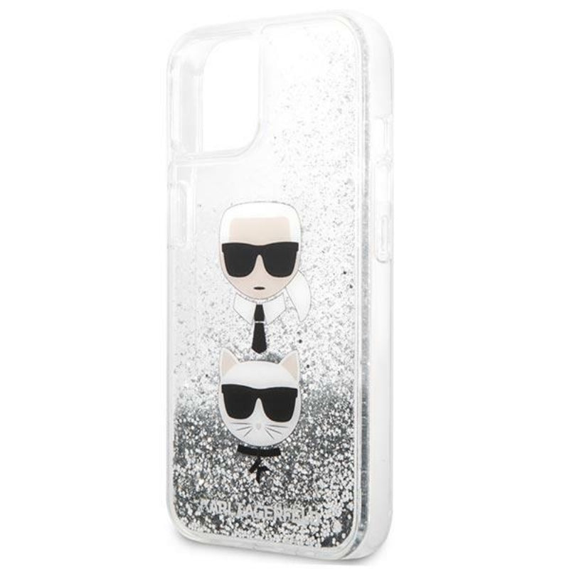 Karl Lagerfeld Liquid Glitter Karl & Choupette Head – dėklas skirtas iPhone 13 mini (sidabrinis)