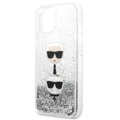 Karl Lagerfeld Liquid Glitter Karl & Choupette Head – dėklas skirtas iPhone 13 mini (sidabrinis)