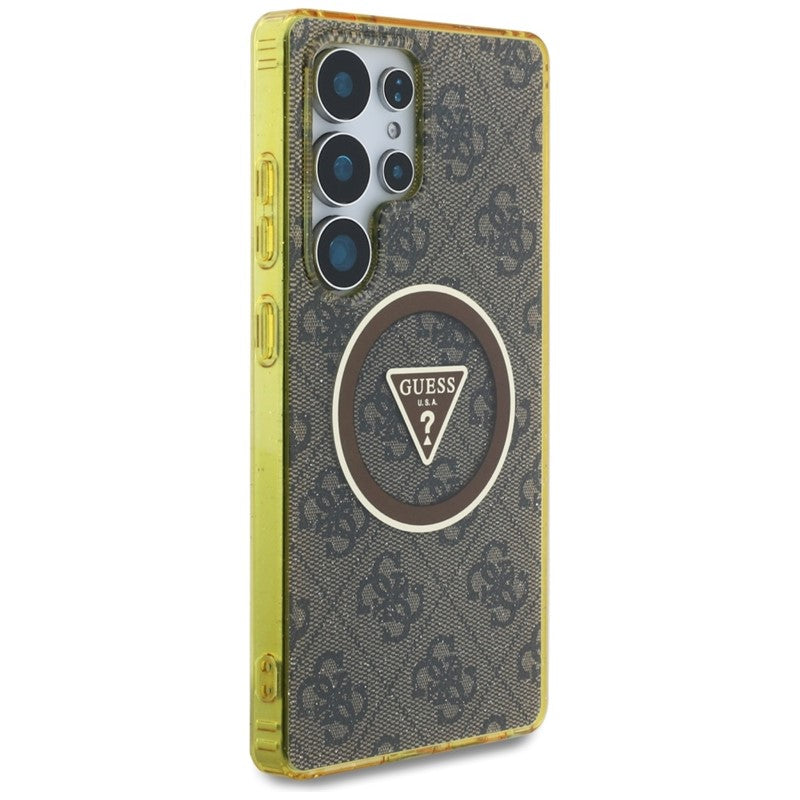 Guess 4G Blizgučiai Trikampiai Mygtukai MagSafe - Dėklas Samsung Galaxy S25 Ultra (rudas)