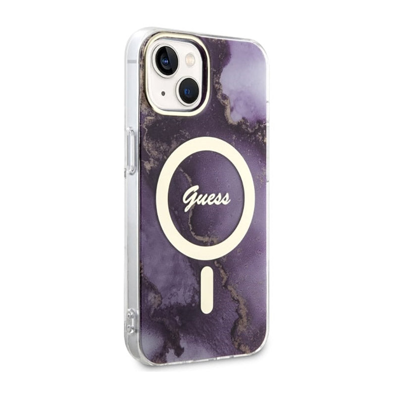 Guess Golden Marble MagSafe – Dėklas, skirtas „iPhone 14“ (Violetinis)