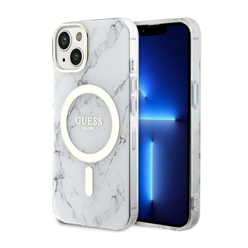 Guess Marble MagSafe – „iPhone 14 Plus“ dėklas („White“)