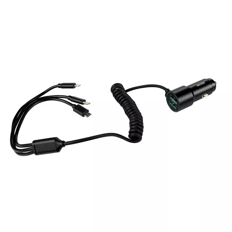 WEKOME WP-C44 Pop Digital Series - automobilinis įkroviklis su integruotu 3-in-1 USB-C / Lightning / Micro USB kabeliu ir 2x USB-A jungtimis, 33W (Juodas)