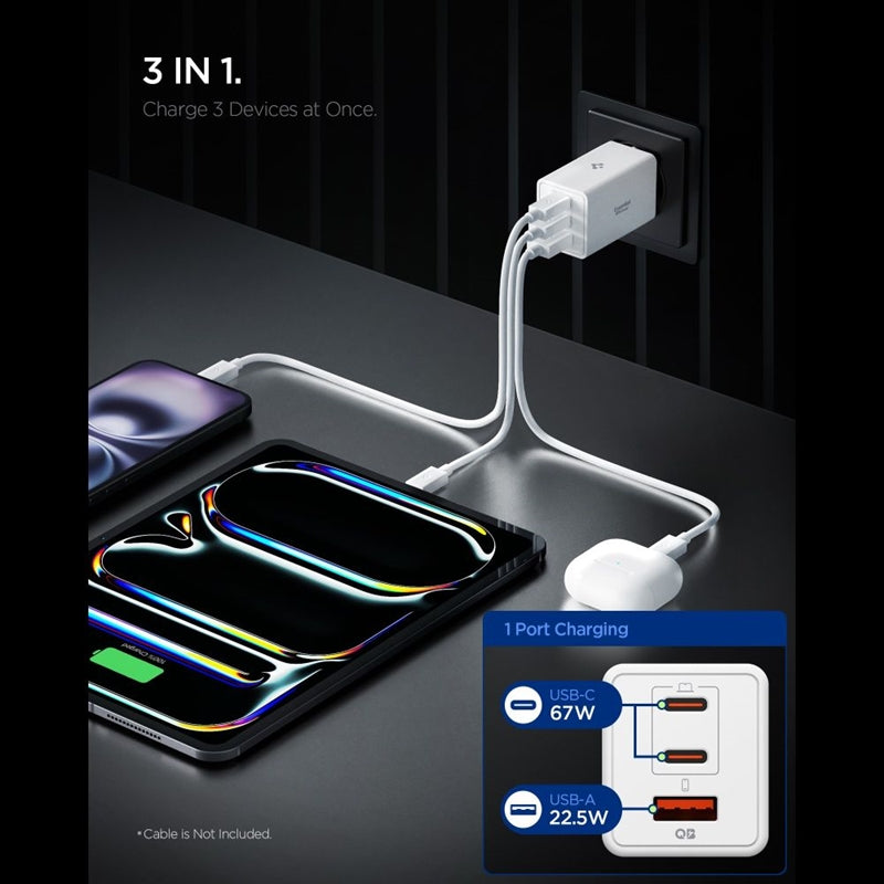 Spigen Essential EE673EU GaN Pro – Sieninis įkroviklis 2x USB-C + USB-A 67W (Baltas)