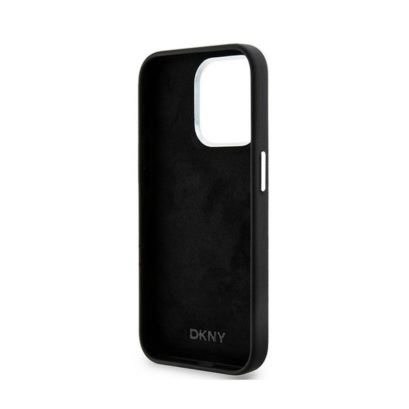 DKNY Liquid Silicone Small Metal Logo MagSafe – dėklas, skirtas iPhone 15 Pro (juodas)