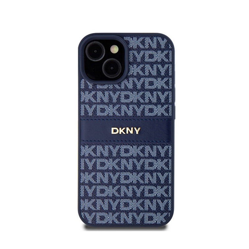 DKNY odos dėklas su vienspalve juostele ir metaliniu logotipu – skirtas iPhone 15 / 14 / 13 (mėlynas)