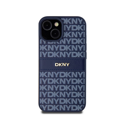DKNY odos dėklas su vienspalve juostele ir metaliniu logotipu – skirtas iPhone 15 / 14 / 13 (mėlynas)
