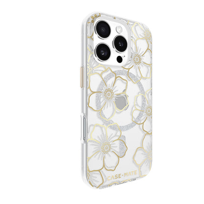 Case-Mate Floral Gems dėklas su MagSafe, skirtas iPhone 16 Pro (auksinis)