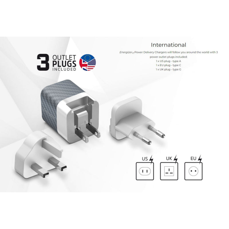 Energizer Ultimate – daugiafunkcis EU / UK / US tinklo įkroviklis GaN 38W PD + QC3.0 (sidabrinis)