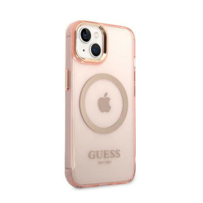 Guess Gold Outline Translucent MagSafe - dėklas, skirtas iPhone 14 Plus (rožinis)