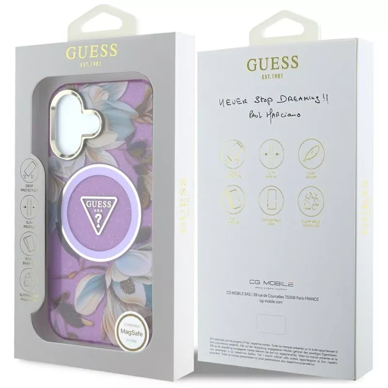 Guess Glitter Flowers Triangle Buttons MagSafe – dėklas, skirtas iPhone 16 (violetinė)
