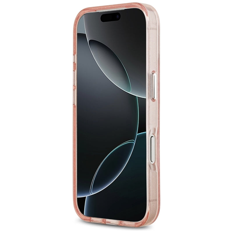 Karl Lagerfeld IML blizgučiai su Karl & Choupette galvų logotipu, MagSafe dėklas iPhone 17 Pro (rožinis)