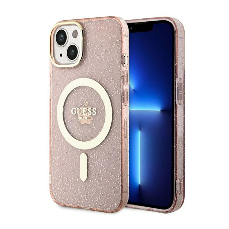 Guess Glitter Gold MagSafe – dėklas, skirtas „iPhone 14 Plus“ (rožinis)