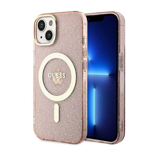 Guess Glitter Gold MagSafe – dėklas, skirtas „iPhone 14 Plus“ (rožinis)
