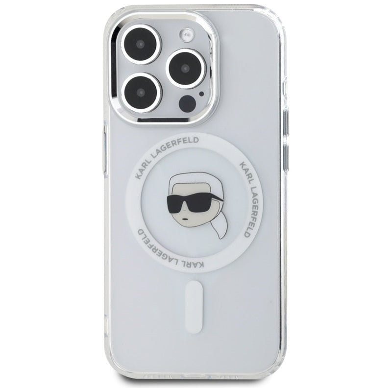 Karl Lagerfeld IML Metal Karl Head MagSafe - dėklas, skirtas iPhone 15 Pro Max (baltas)