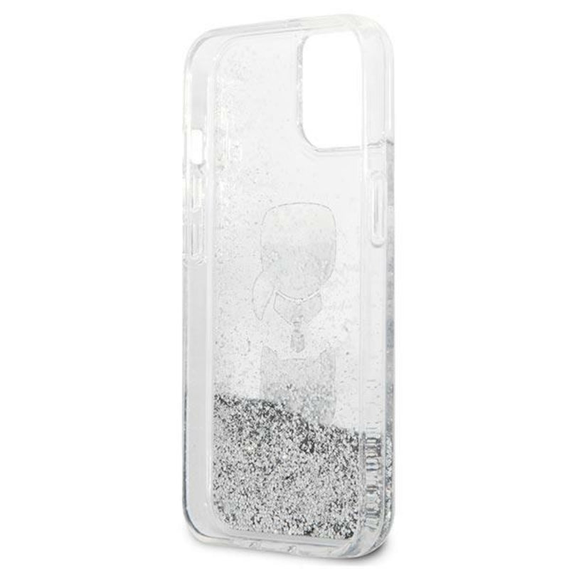 Karl Lagerfeld Liquid Glitter Karl & Choupette Head – dėklas skirtas iPhone 13 mini (sidabrinis)